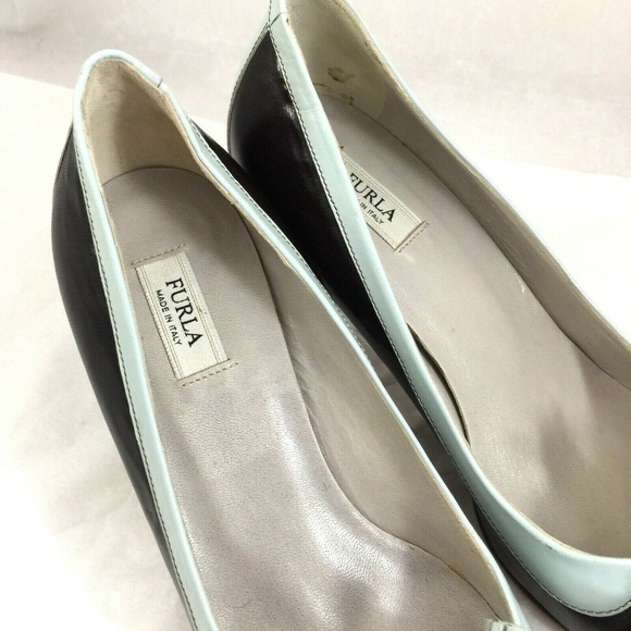 FURLA Pump Two Tone Bow Tassel Leather Brown Blue - Picture 2 of 8